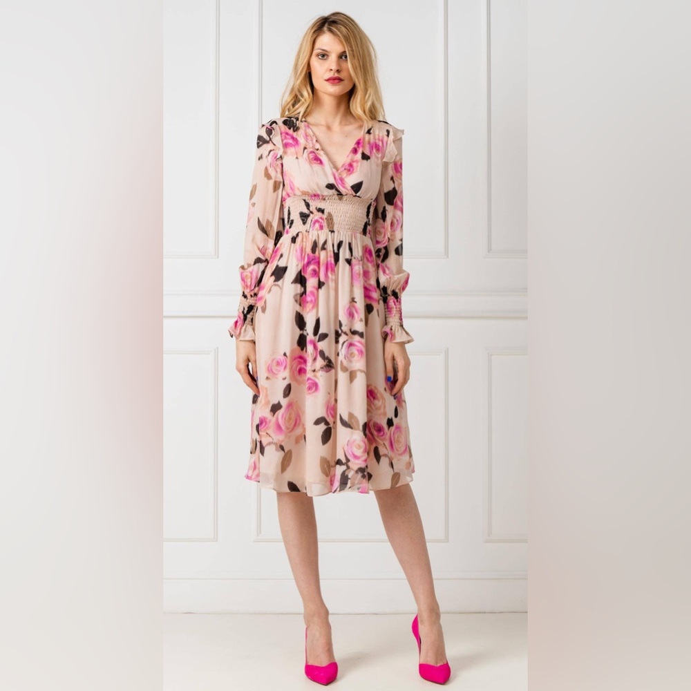 Pinko blooms smocked dress in pink roses ruffles flowy midi feminine Sz 2 - Picture 11 of 15